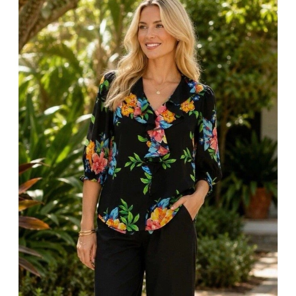 Lauren Ralph Lauren Georgette Floral Ruffle V-Neck Blouse Black Tropical L